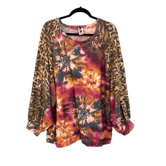 Yahada Top Womens 2X Plus Long Sleeve Tie Dye Cheetah Print Dolman Sleeve USA - Picture 1 of 8